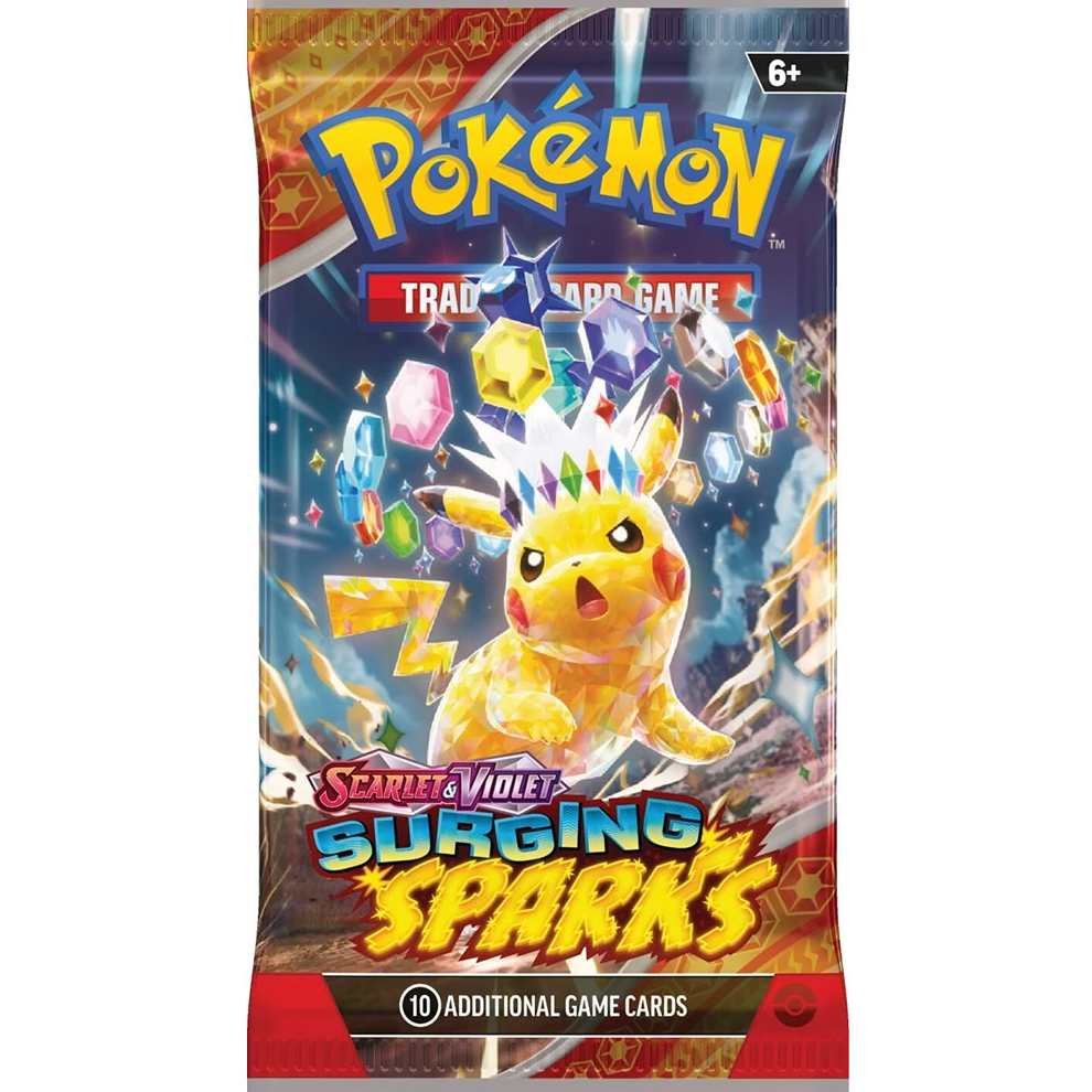A booster pack of Pokemon TCG featuring Scarlet & Violet Surging Sparks with an illustration of Pikachu and other Pokémon.